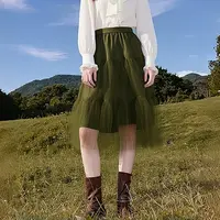 F4369-【摩】松紧腰网纱裙过膝半身裙#XMF57E021