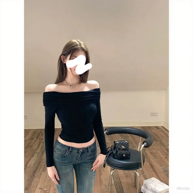 大码胖MM200斤一字肩长袖T恤女早秋性感辣妹紧身收腰短款露肩上衣