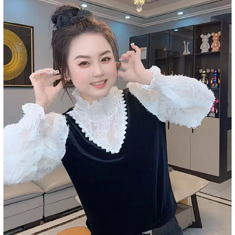 新款假两件金丝绒拼接羽毛纱半高领长袖时尚打底衫洋气显瘦小衫
