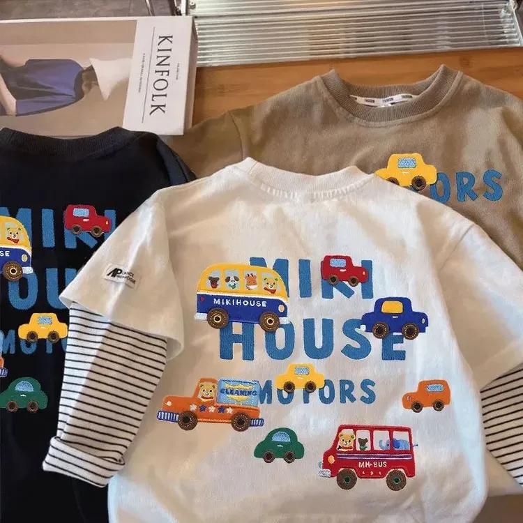 男童女童春秋长袖T恤假两件宽松上衣中小儿童卡通车车印花打底衫t