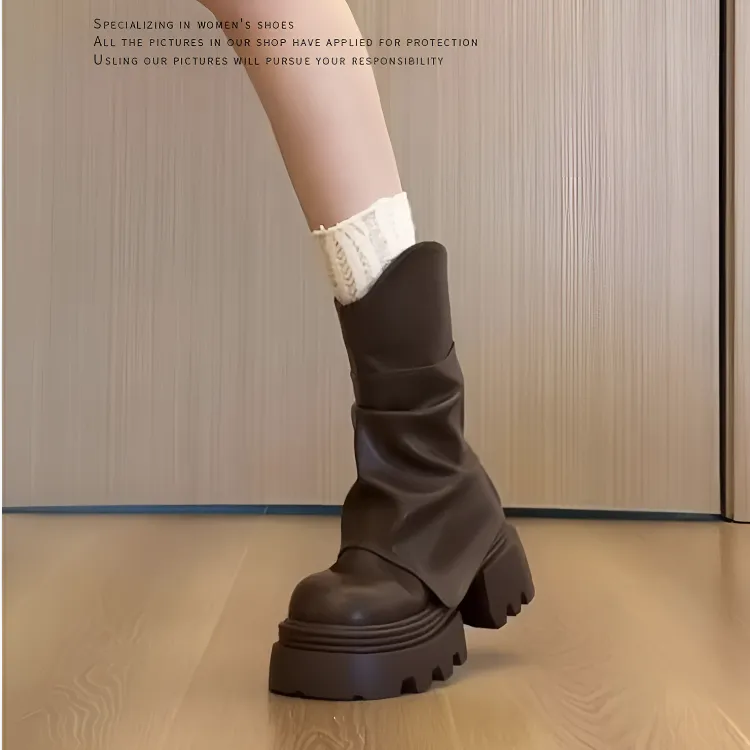 棕色时尚美拉德厚底马丁靴女款2025新款秋冬短靴增高堆堆裤管靴子
