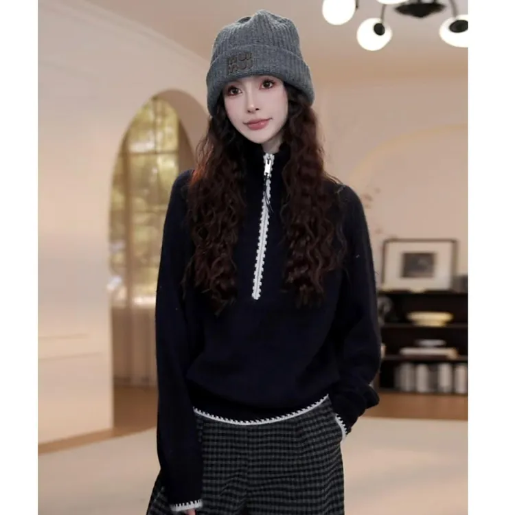 高领半拉链毛衣女秋冬慵懒风长袖针织衫宽松套头休闲上衣打底衫