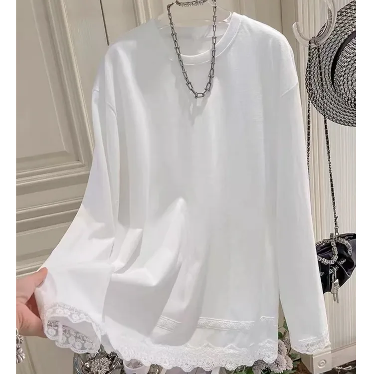 2025女装百搭春秋款长款遮肉显白纯色白色时尚花边蕾丝打底衫