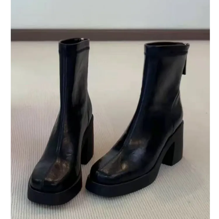 羊皮版~真皮方头高跟瘦瘦靴子2025秋冬新款粗跟法式短靴女马丁靴