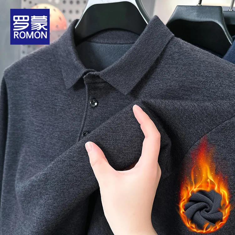 罗蒙加绒加厚男装休闲针织衫男款秋冬款男士长袖翻领打底衫毛衣男