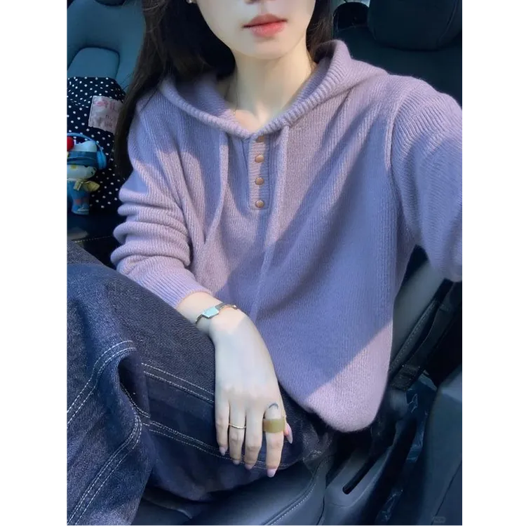 紫色连帽毛衣女士秋冬宽松慵懒风软糯减龄显瘦内搭打底针织衫上衣