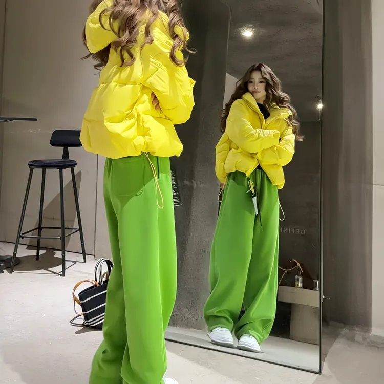 韩版2025年冬季新款糖果黄色外套女款连帽轻薄绿色长裤两件套装潮