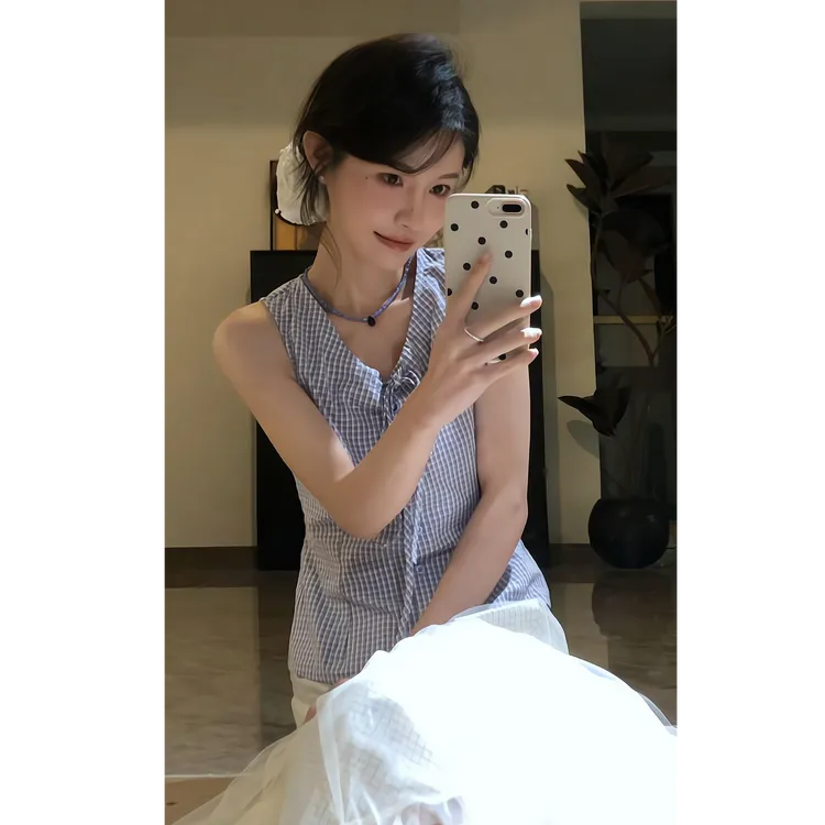 MARIE.COCO法式系带格纹背心衬衫无袖上衣设计感半裙套装女夏季