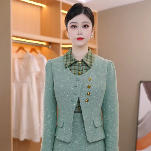 精致时尚格纹爆款女装宽松气质妈妈拼接显瘦套装两件套