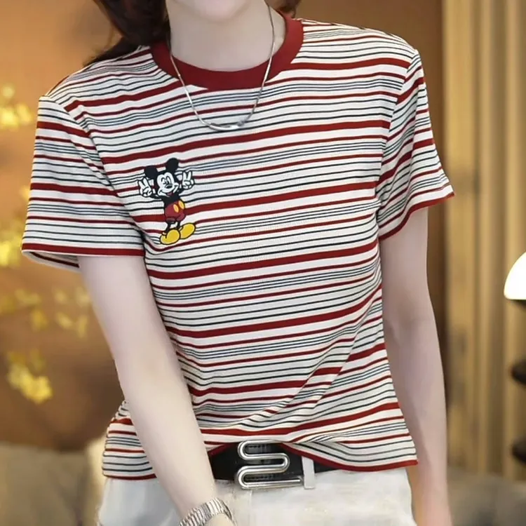 设计感经典重工卡通刺绣条纹休闲短袖T恤女2025夏季新款圆领上衣