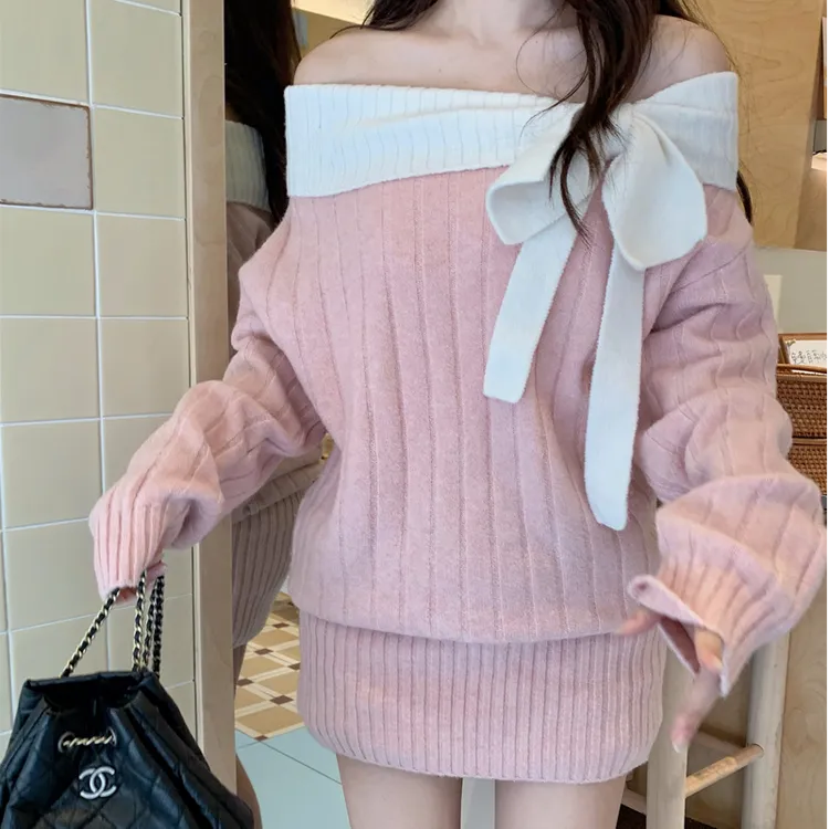 针织甜美一字肩蝴蝶结气质连衣裙女春秋新款氛围感显瘦毛衣包臀裙