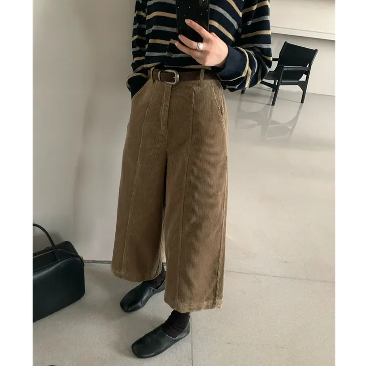 韩系复古直筒灯芯绒休闲裤女秋冬款宽松高腰小个子八分阔腿裤潮
