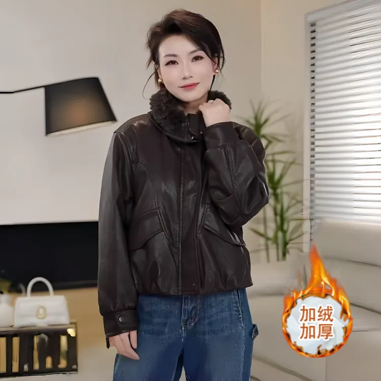 加绒加厚立领短款皮衣外套女2025冬季新款洋气宽松显瘦保暖皮夹克
