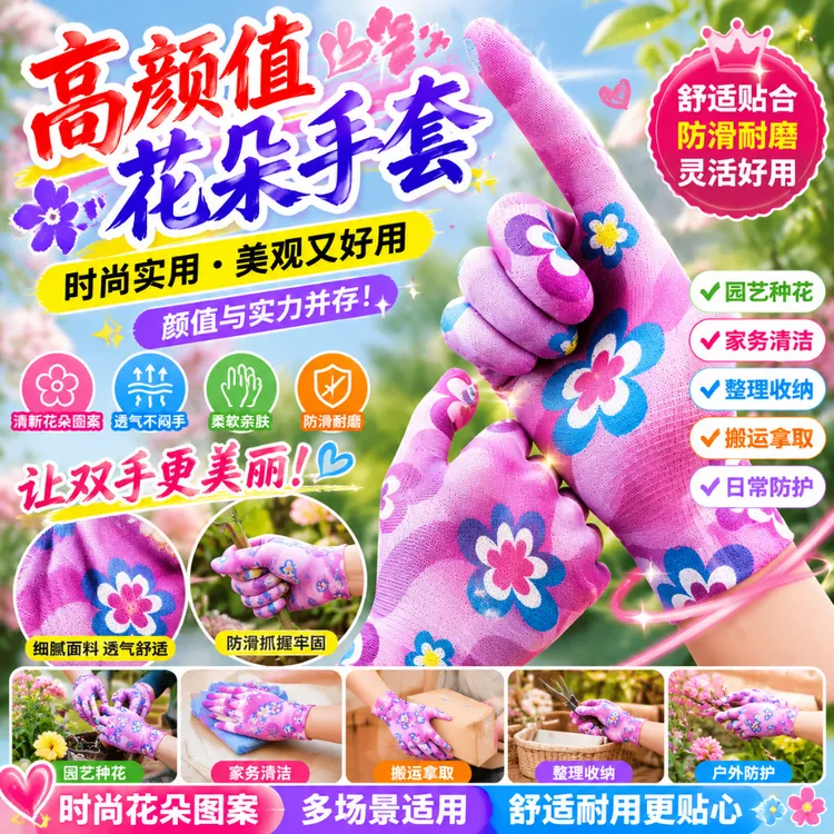 花色高颜值尼龙印花劳保手套无胶有胶多款工作柔软家务干活透气女