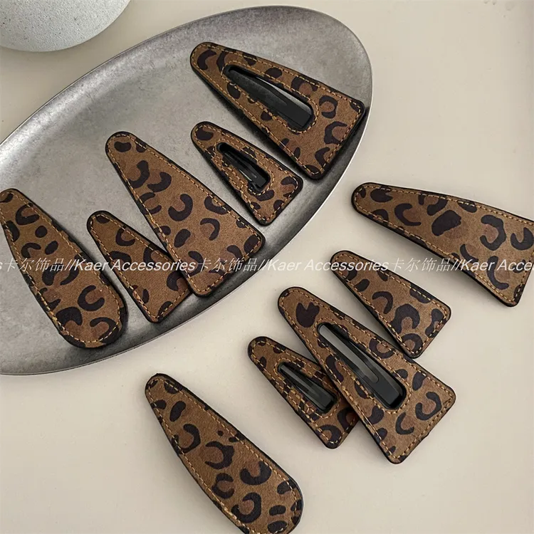 韩版复古皮质咖色豹纹大三角水滴bb夹个性百搭甜酷碎发刘海夹发夹