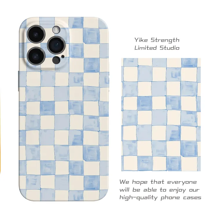 油画蓝白棋格菲林软壳进口光面适用iphone苹果13rpomax/14/16pro