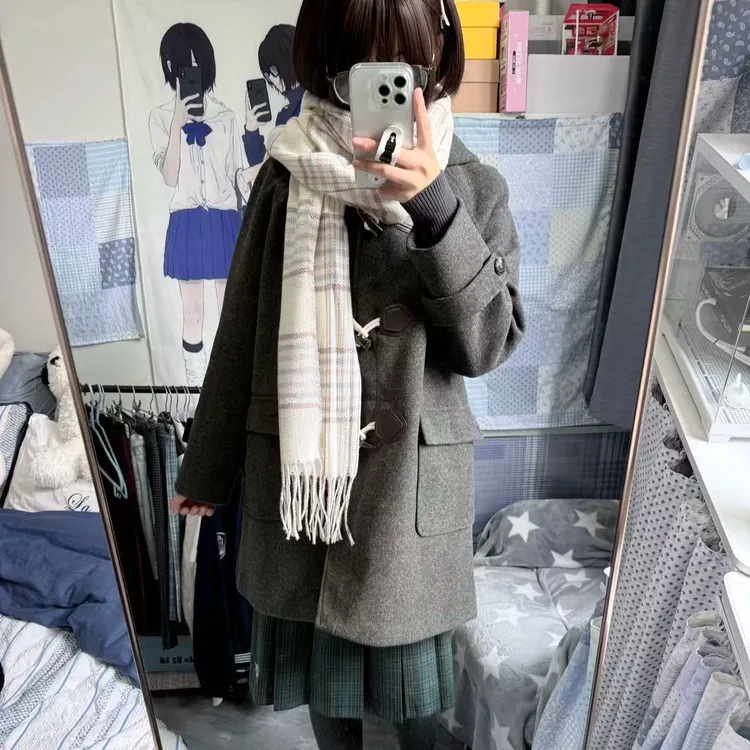 小花猪jk大衣冬季学院风加厚中长款灰色牛角扣毛呢大衣外套女连帽