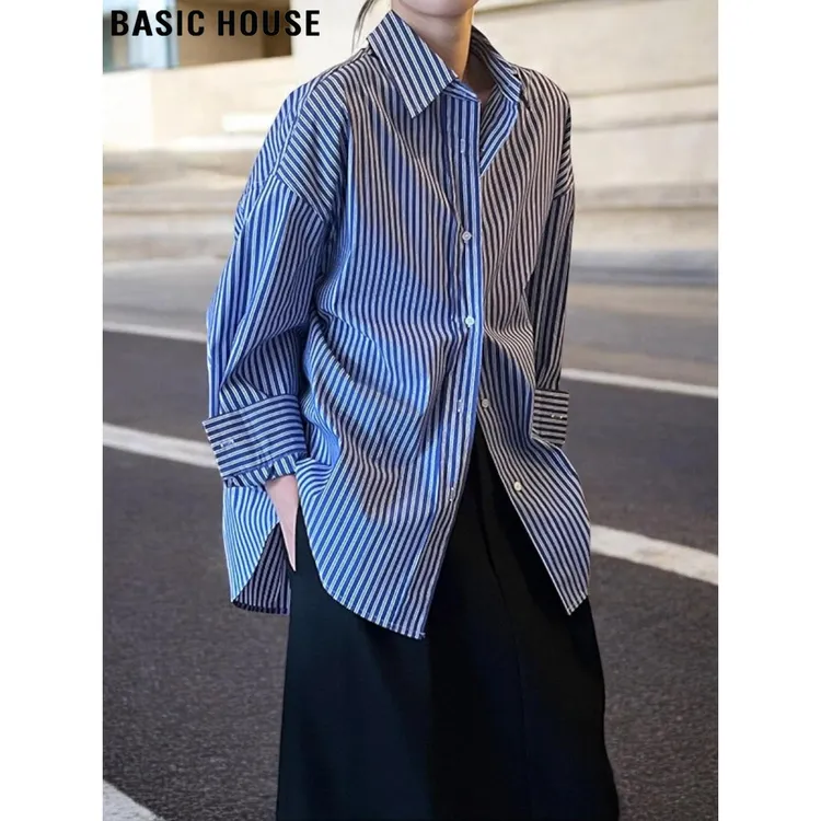 Basic House/百家好慵懒风蓝白条纹长袖衬衫女2025秋季设计感衬衣