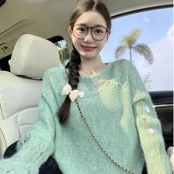 韩系绝美气质温柔风亮片毛衣女早秋慵懒氛围感穿搭镂空针织衫上衣