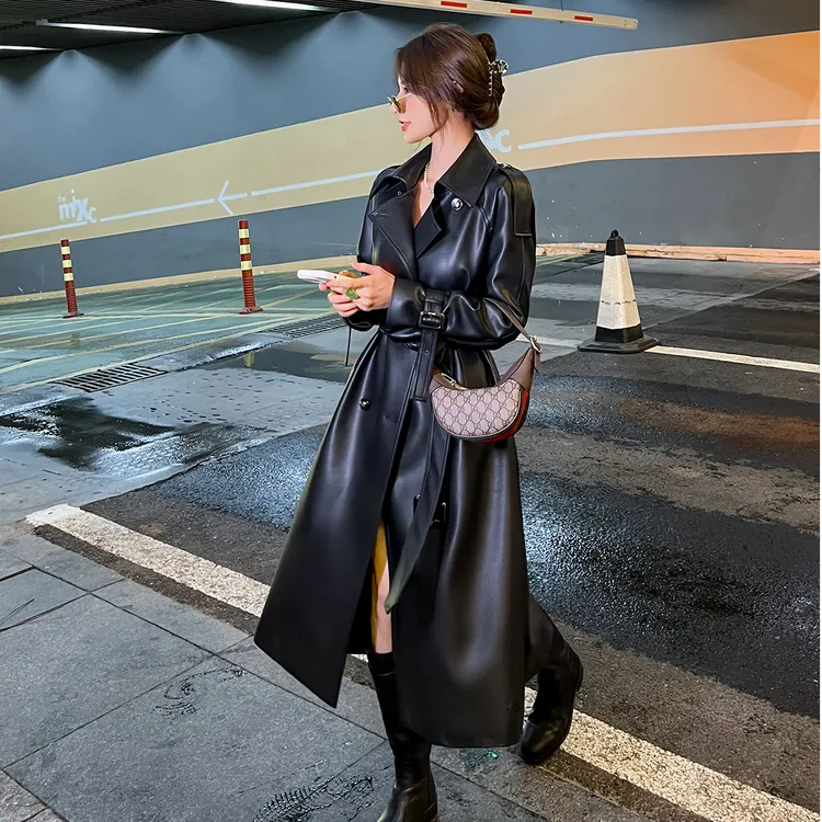 黑色pu皮风衣外套女长款2025秋冬新款高级感宽松收腰休闲气质大衣