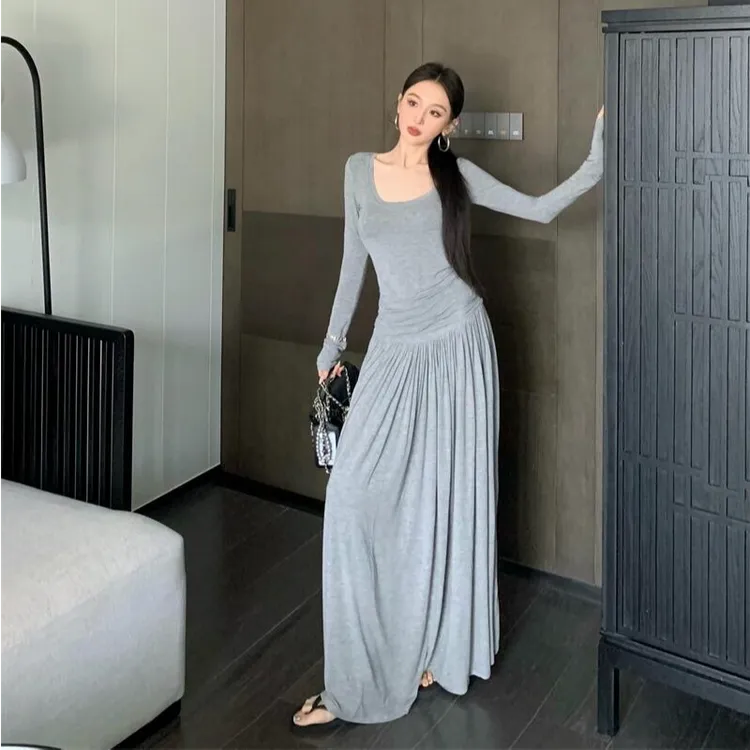 灰色长袖T恤上衣女夏季2025新款松弛感气质高腰显瘦a字长裙两件套