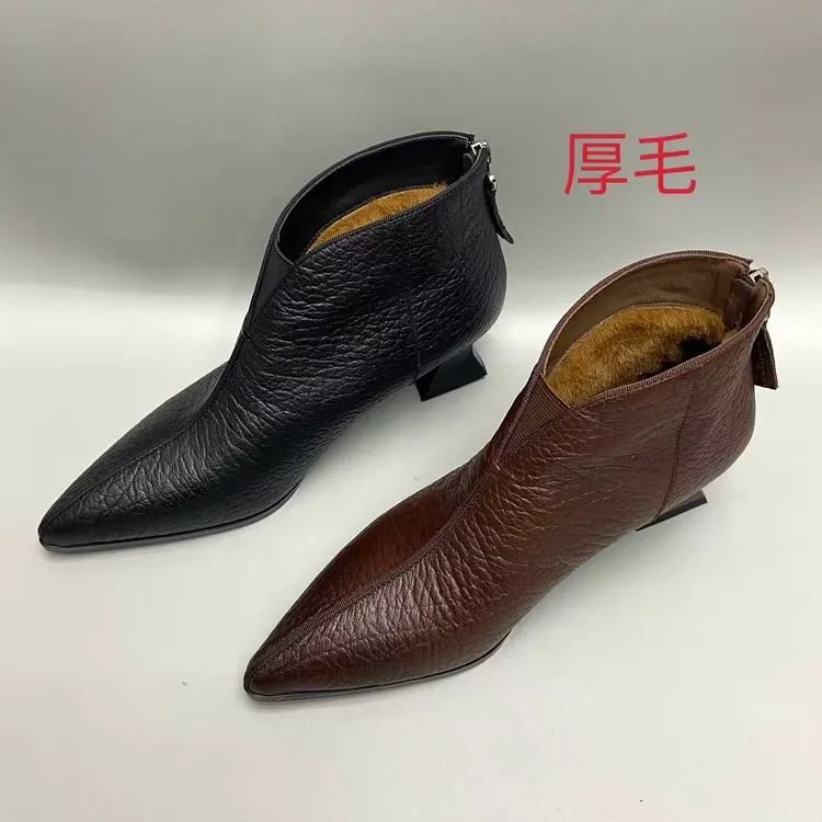 真皮短靴3公分粗秋冬羊皮短靴气质尖头短靴 鞋子女款爆款2025新款