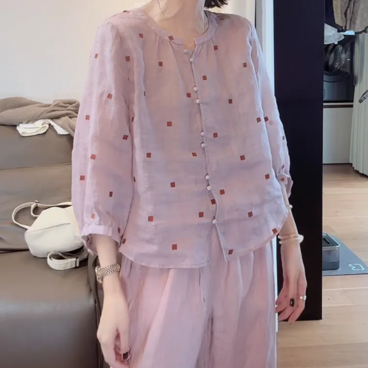 苎麻圆领满绣拼色刺绣衬衫女2025夏季新款文艺简约百搭休闲上衣