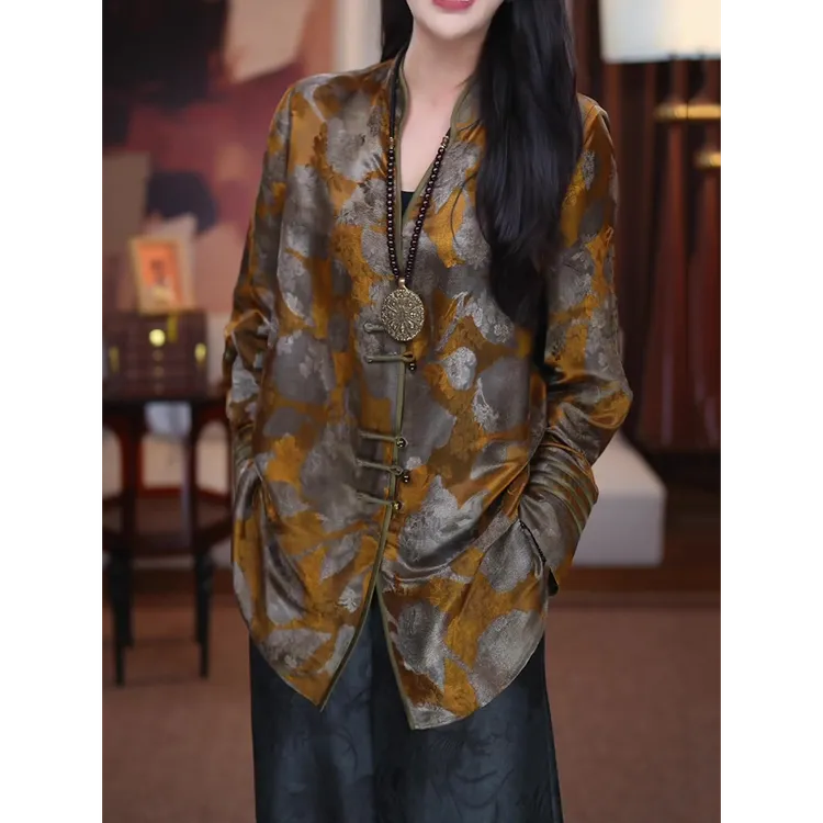 新中式时尚长袖衬衫女2025春秋新款优雅气质宽松显瘦高贵提花衬衣