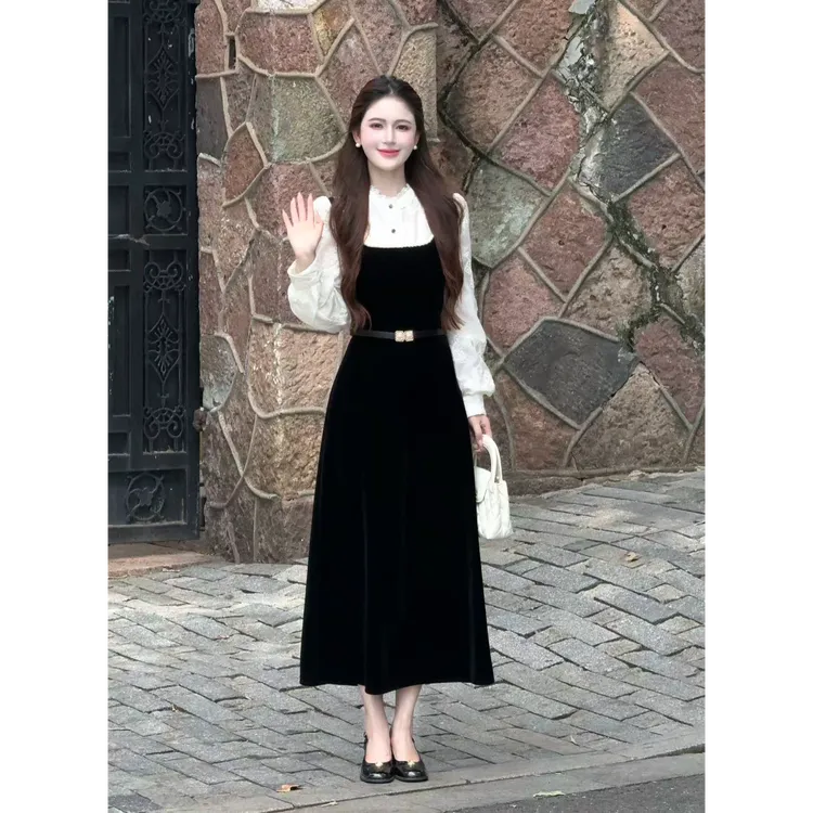 【西西里画报】LiLi赫本风假两件法式复古显瘦白拼黑连衣裙XMZH9319