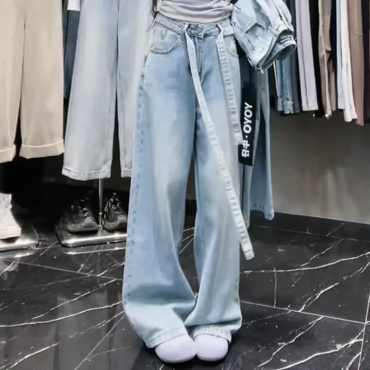 【飘带阔腿】春夏2025新款水洗腰带牛仔阔腿拖地裤LK2501616