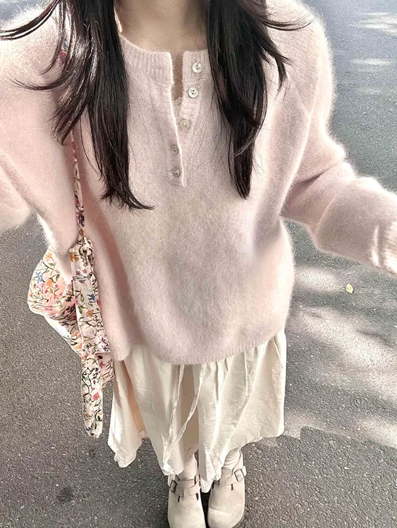 韩系温柔软糯亨利领粉色毛衣女秋冬可外穿内搭休闲套头高级感上衣