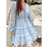 早秋新款女装收腰抽绳荷叶边V领长袖连衣裙8973# 裙长81