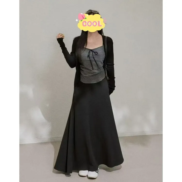 大码微胖早秋慵懒风套装吊带开衫半身裙显瘦三件套90130#