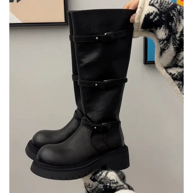 25冬款骑士靴厚底麂皮高筒靴马丁靴中筒加绒时装靴宽筒阔口靴子女