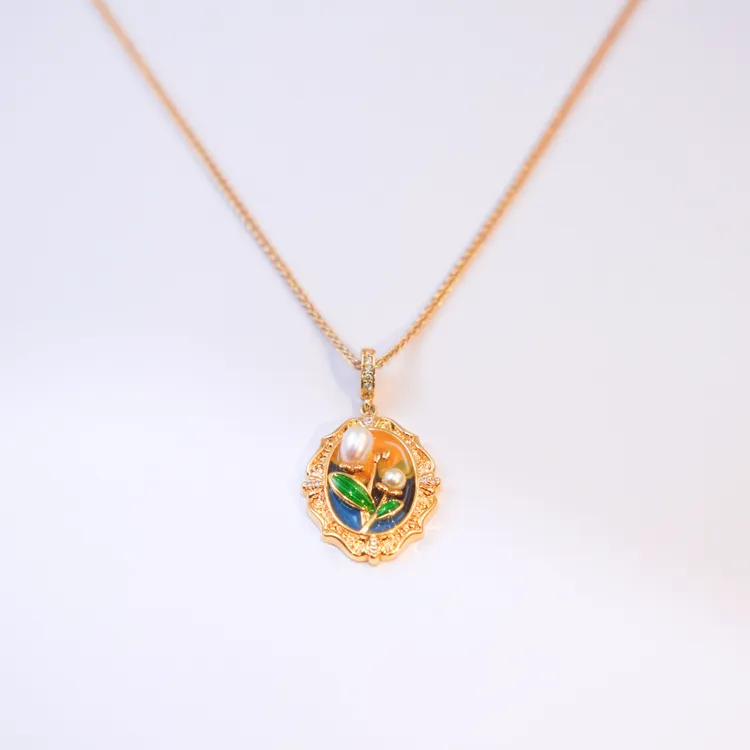 铜合金合成锆石项链 莫奈油画风复古植物纹吊坠项链链子金色颈饰