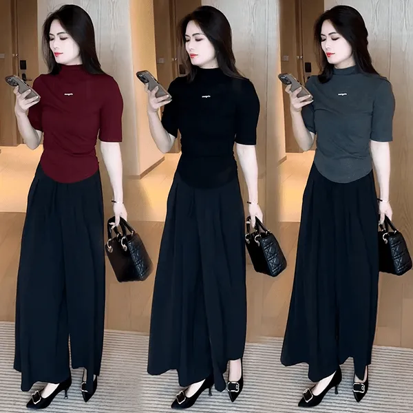 极简风时尚套装女2025秋季新款修身显瘦高领中袖打底衫阔腿裤通勤