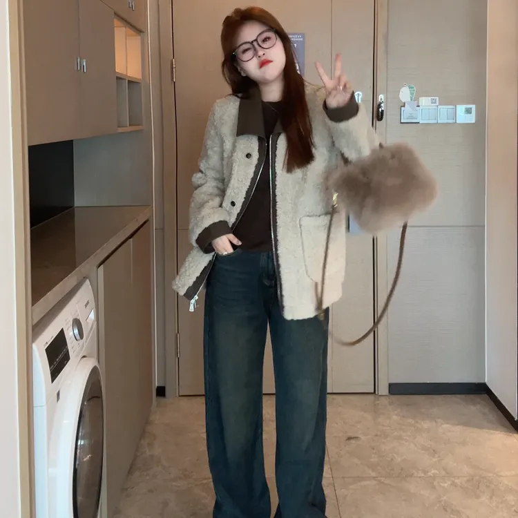 盈盈&南岛风大码女装新款宽松加厚皮毛一体胖mm加绒毛呢外套ZYY96