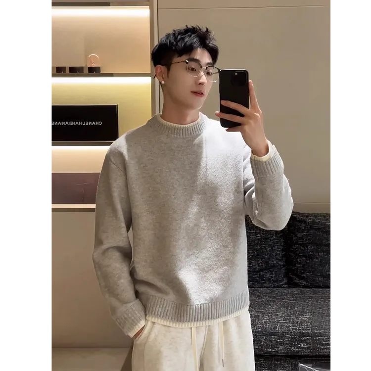 美利奴绵羊毛混纺假两件圆领毛衣男士羊毛衫秋冬新款内搭针织衫男