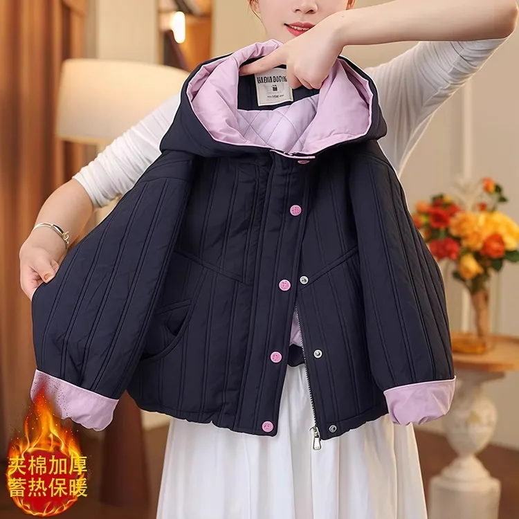 女童夹棉外套秋冬2025新款格子拼接连帽二棉棉服加厚假两件棉衣潮