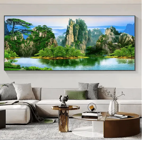 山水画墙壁背景墙挂画镶钻晶瓷画客厅装饰画办公室客厅背景墙挂画