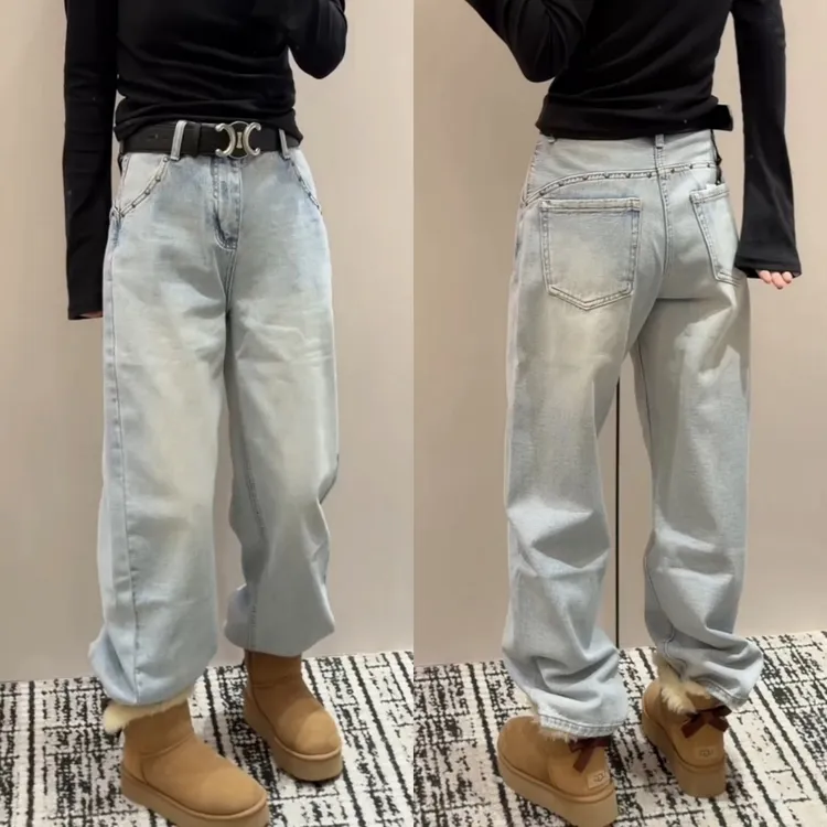 景倩妮浅蓝色时髦设计感牛仔裤2025年冬季新款加绒显瘦窄版阔腿裤