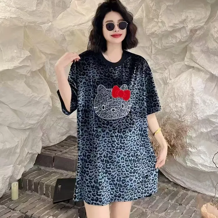 豹纹猫咪绣花圆领短袖卫衣时尚舒适百搭休闲气质大码上衣