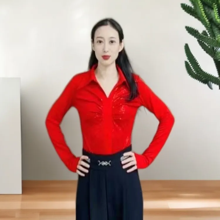 欢舞阁摩登双人舞吉特巴广场舞时尚气质女士V领长袖舞衣A0791