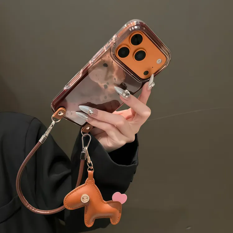复古泼墨晕染棕黄适用iPhone17ProMax手机壳斜挎苹果16挂绳15女13