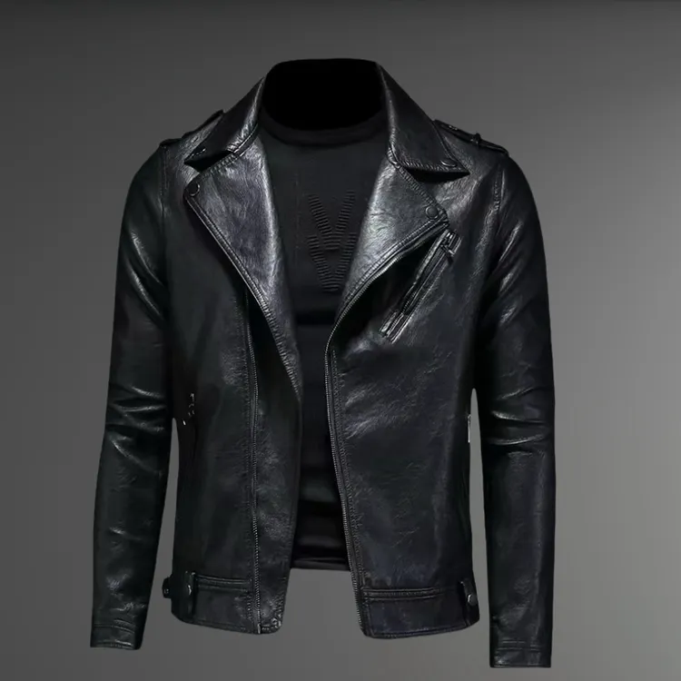 欧货2025青年新款秋冬修身翻领皮衣夹克潮流短款外套休闲