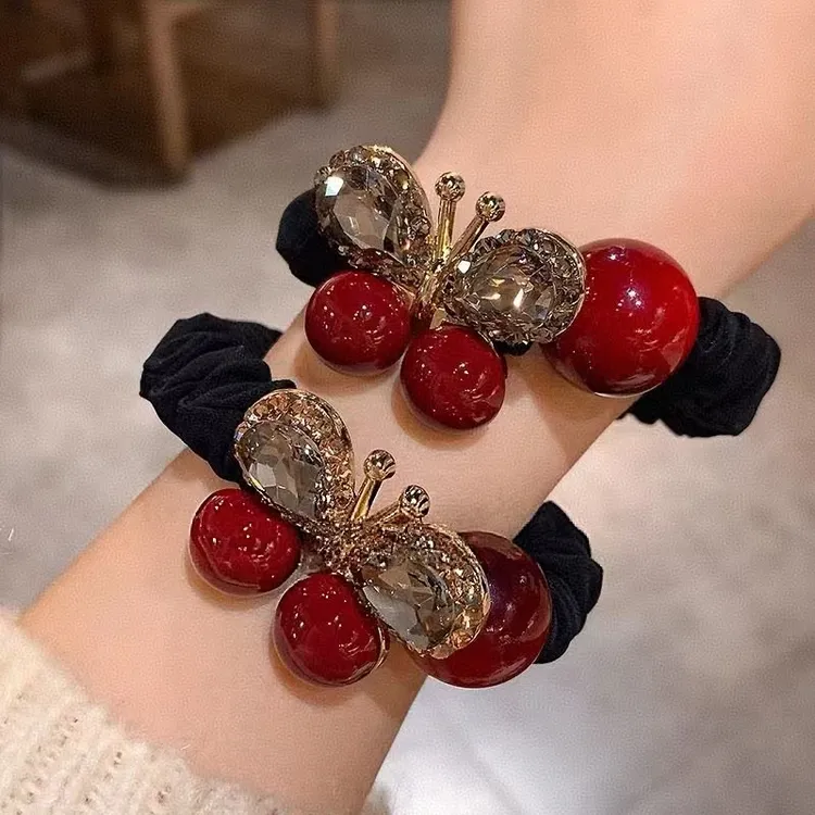 安可拉红色蝴蝶镶钻发圈头绳女高端网红扎头花高弹力马尾发绳皮筋