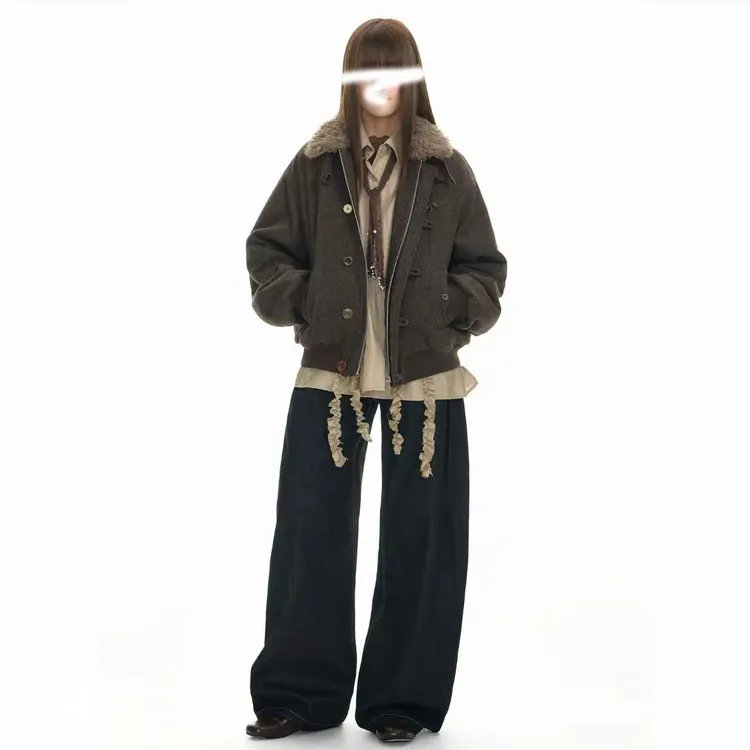 羊毛翻领厚外套女生冬季加绒保暖棉衣男美式复古休闲上衣