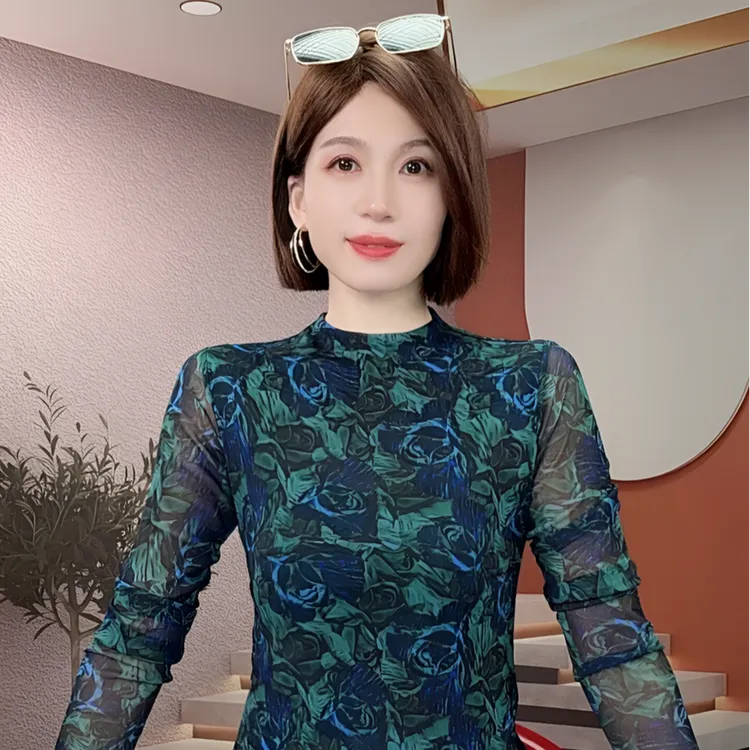 半高领网纱印花T恤女修身洋气秋冬新款内搭长袖漂亮时尚上衣小衫