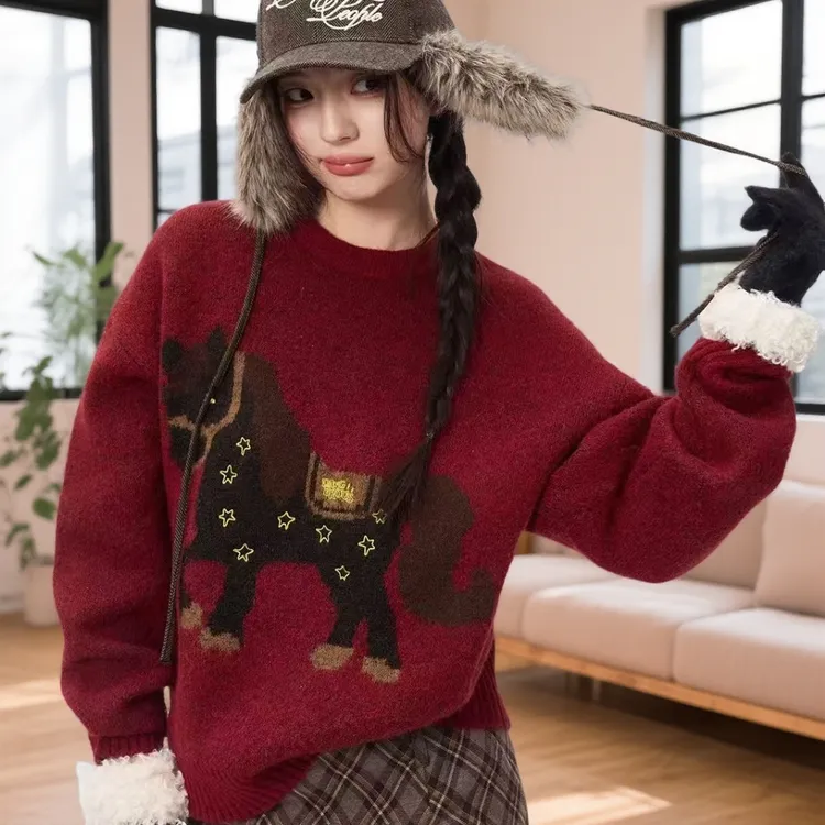 本命年小马年红色毛衣秋冬新款圣诞氛围感穿搭时尚圆领内搭针织衫