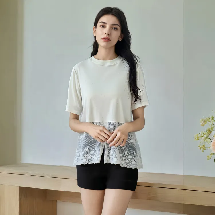 圆领时尚设计感蕾丝开叉拼接网纱短袖女宽松百搭休闲上衣S125315